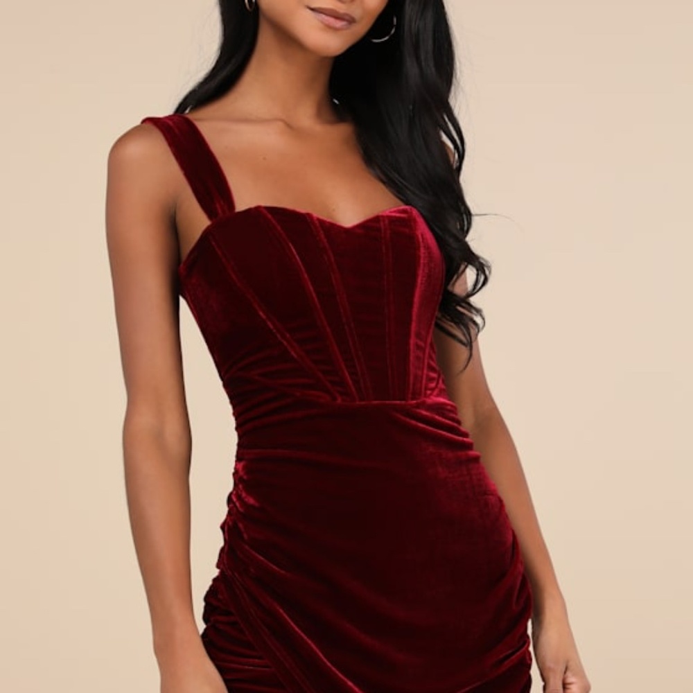 Opulent Mood Burgundy Velvet Bustier Mini Dress